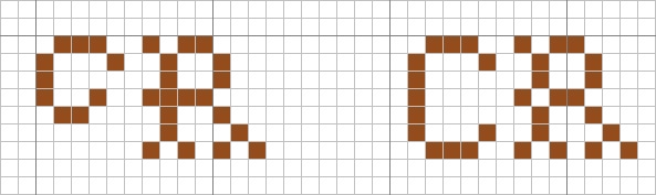 Embroidery chart for the initials of Charles I, used for his handkerchief associated with his execution on 30th January 1649. To the right the TC version, to the left the actual, non-TC version.