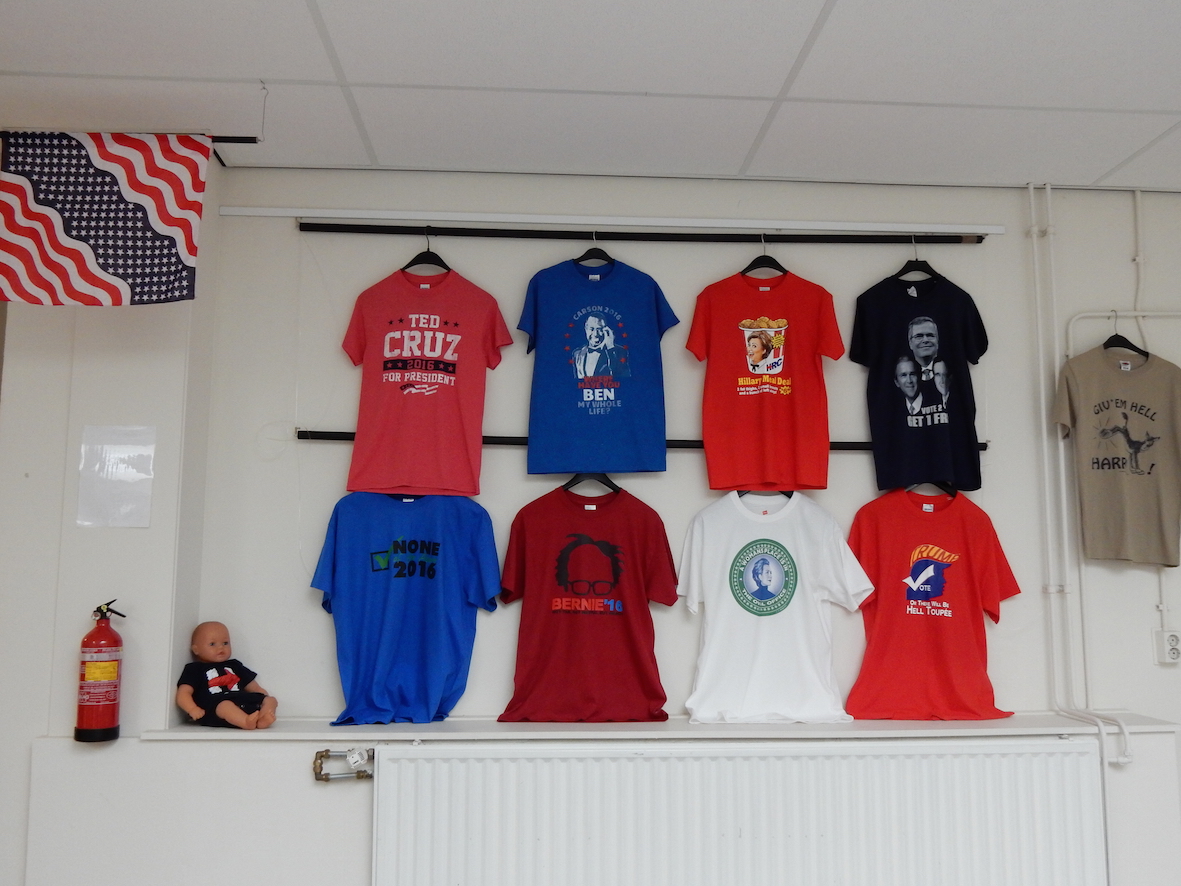 Small display of T-shirts with political slogans for US presidential elections. October/November 2016, TRC, Leiden.