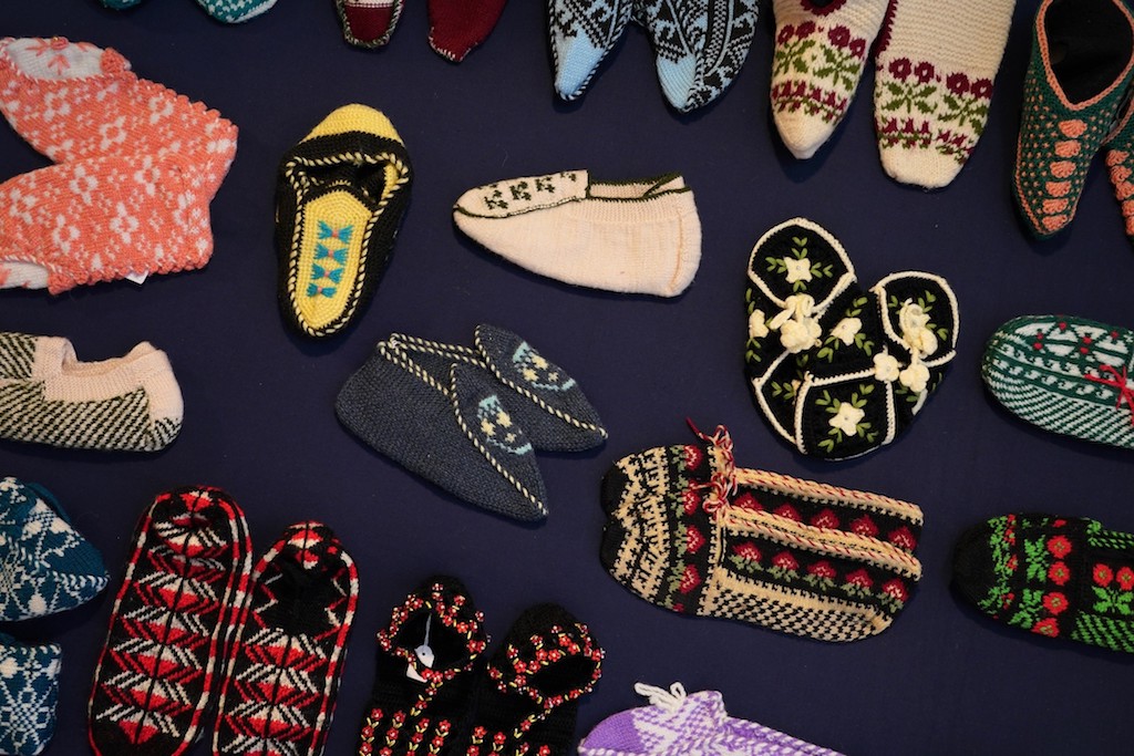 Selection of Turkish hand knitted slippers. Socks&Stockings exhibition, TRC, 2019. Photograph by Joost Kolkman.
