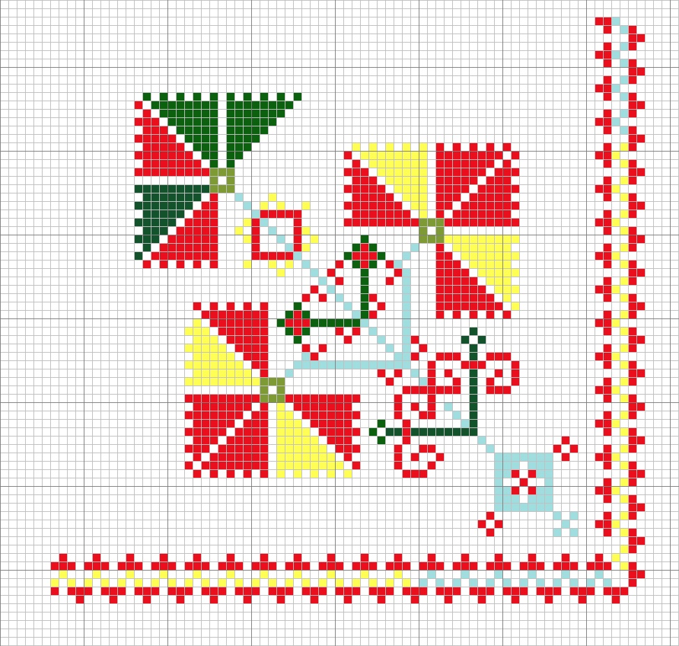 Corner design in cross stitch. Stylised carnation. Norway.