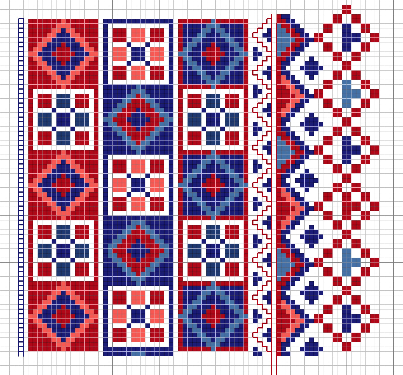 Border and edging design with squares and diamonds, worked in cross stitch. Norway.