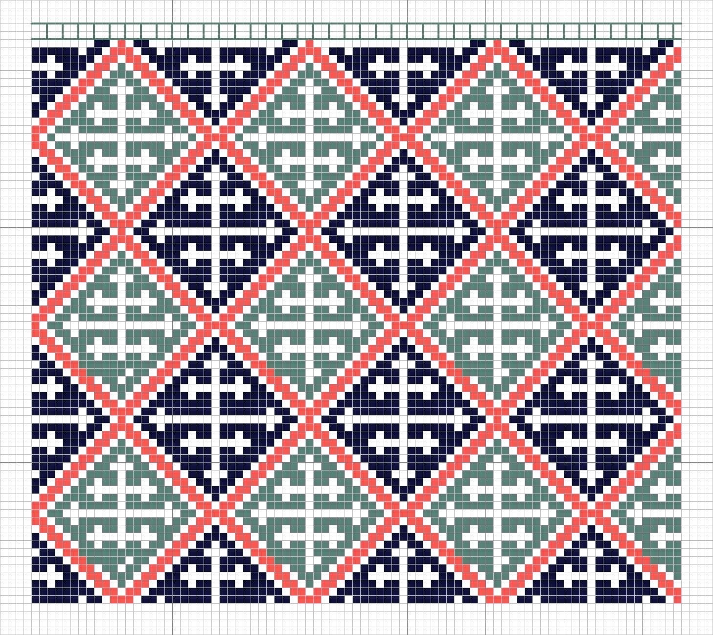 Diamond trellis work with ornate crosses, worked in cross stitch. Norway.