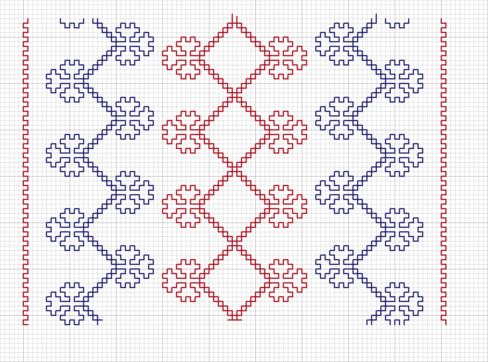 Stylised flower design in red and blue, worked in Holbein / double running stitch. Norway.