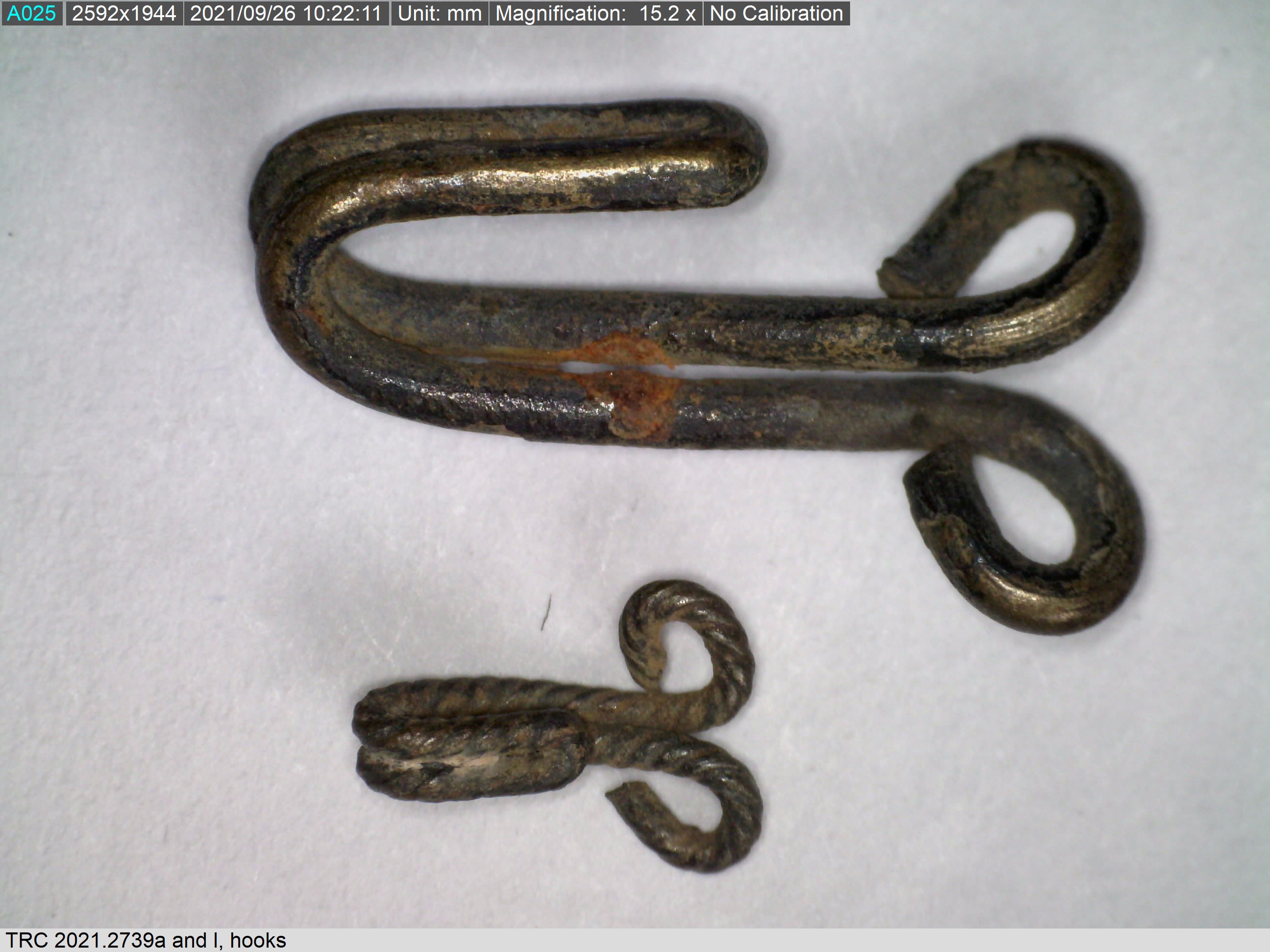 Two metal hooks from Zeeland, before 1532. Magnification: 15.2. Dino-Lite microscope (TRC 2021.2739a and b).