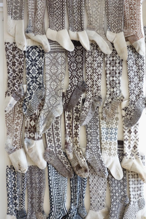 The 'Wall of the Socks" at the Socks & Stockings TRC exhibition. Photograph Gillian Vogelsaang. Socks on loan from Annemor Sundbø's "Ragpile-collection", Norway.