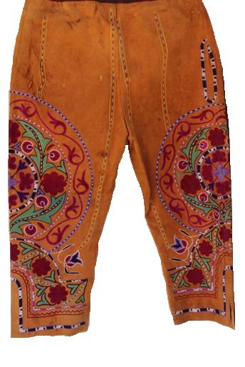 Embroidered trousers for Afghan wrestler in a zurkhana ('House of Strength'), Kabul, early 20th century (TRC 2016.1772).