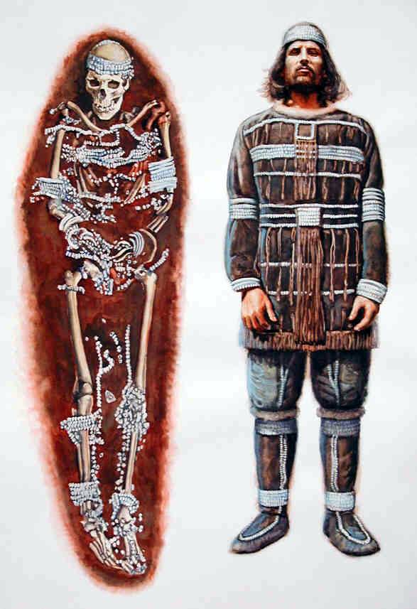 Fig. 3. Sunghir. Aurignacian clothing reconstructed from the layout of ivory beads in a burial. © Libor Balák (https://donsmaps.com/sungaea.html)