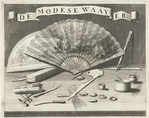 'De Modese Waayer' ('The fashionable fan'). Mid-18th century advertisement from Utrecht, the Netherlands, showing a fan and instruments to make and repair fans. Underneath the print is the text: FRANS BENEVELT Woont op het oude kerkhof Te Utrecht Childert, Maakt, Verstelt, en Verkoopt, alle soort van Waijers Soo Wel Engelse, Fransse als Heel Ivoore, bij het stuk en Doesijn Alles tot een Civiele Prijs. Utrecht: Centraal Museum, acc. no. 2127.